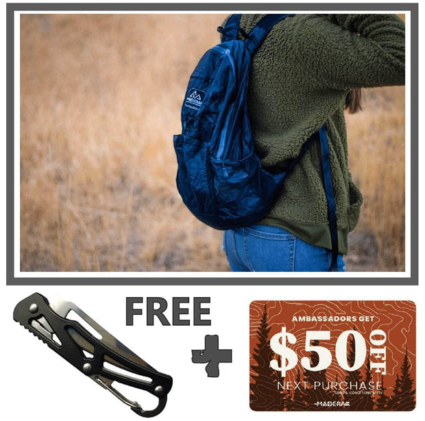 Ambassador Only Offer: Waterproof Pocket Backpack + Pocket Knife + $50 Gift Card